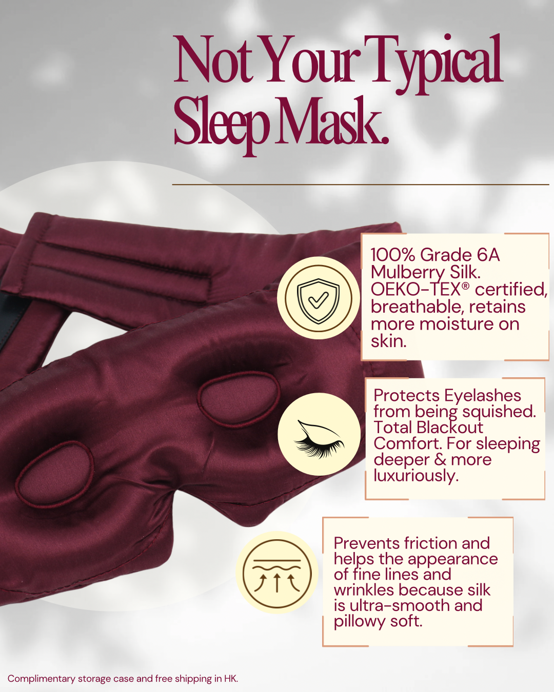 An informational product graphic for a sleep mask. The main subject is a burgundy mulberry silk sleep mask shown close-up against a light gray background with large headline text reading 'Not Your Typical Sleep Mask.